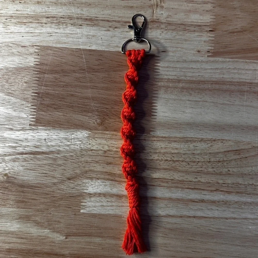 Handmade Orange Macrame Spiral Keychain Boho Cotton Bag Charm Silver Swivel Hook